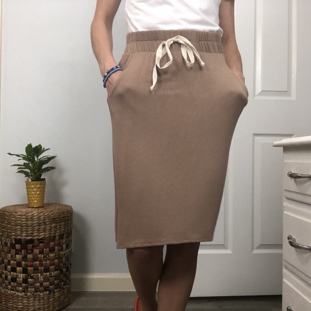 Flamingo Pull-on Jersey Knit Basic Skirt Drawstring Waist Pockets Brown Large